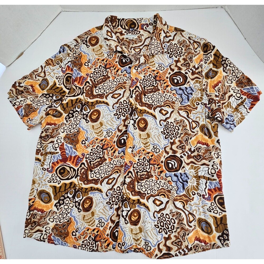 Earthbound Trading Co Blouse XXL Short Sleeve Rayon ButtonUp Shirt Tribal Hippie